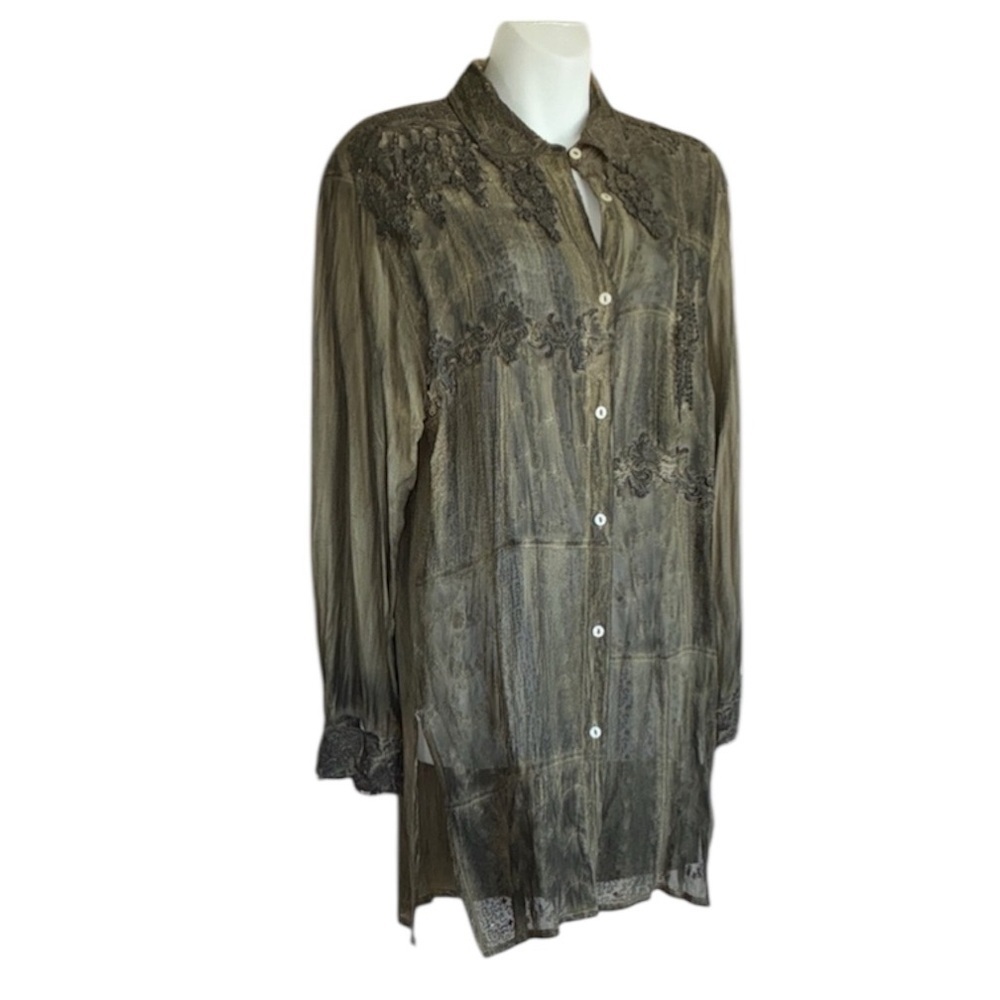 Artisan Blouse, Women's L, Olive Green Lace Button-Up, Embellished Tye Dye EUC